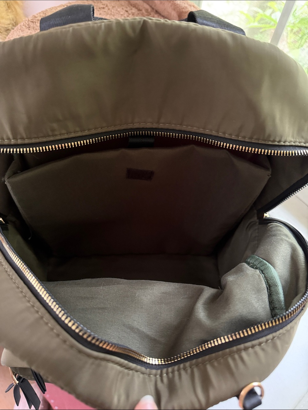 Adrienne Vittadini Quilted Olive Backpack with Laptop sleeve - Picture 10 of 11